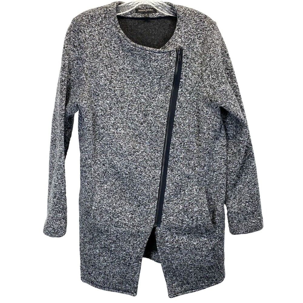 Banana Republic Women's Jacket M Marled Knit Black Heather Asymmetrical Zip